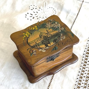 France antique Souvenir Jewelry olive wooden box Mauchline Nice coast French Vintage