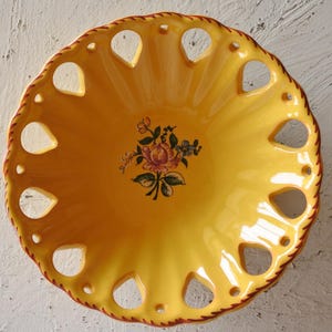Southern French pottery Aubagne yellow glaze flower painting lace rim bowl French Vintage France