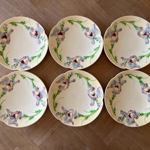 Set of 6! France Antique Barbotine Choisy Le Roi Iris Relief Majolica Plate French Vintage