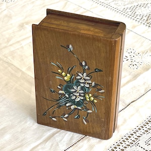 France Antique Souvenir Olive Wooden Box Violets and Mimosas Book shaped Mauchline French Vintage