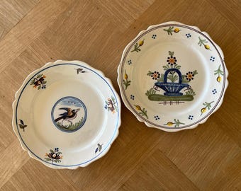 French antique set of 2 Nevers white glaze hand painted plates French Vintage