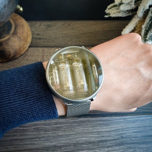 NIWA Nixie watch. Titanium moon crater gray case. IN-16 tubes. V2.0. Wireless charging.