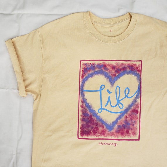 Love Life Heart Pink and Purple Textured Pro-Life Yellow T-Shirt (L)