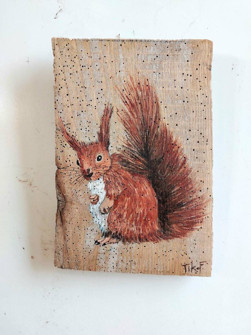 Peinture sur Bois Recyclé Tableau Pour Décoration Murale Écureuil