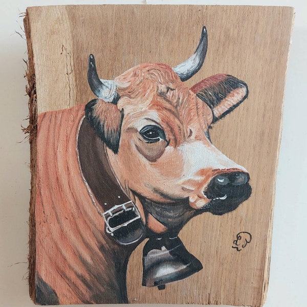 Peinture à  l'huile sur bois recyclé tableau décoration murale vache tarine