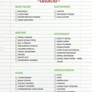 Back to School Checklist - Middle-High