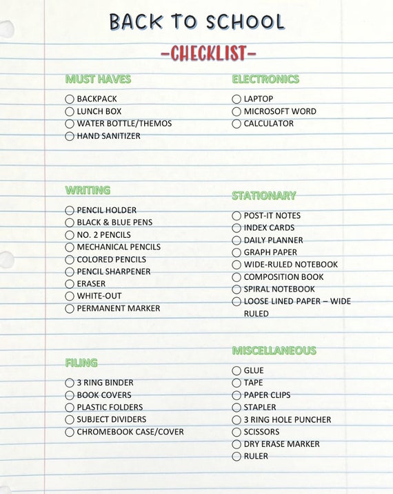 Back to School Checklist - Middle-High