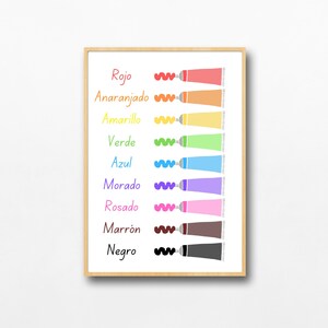 May include: A chart with the names of colours in Spanish, with a paint tube and a squiggle of paint in each colour. The colours are red, orange, yellow, green, blue, purple, pink, brown, and black.