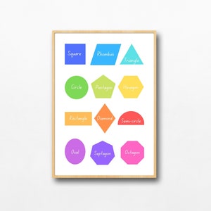 Poster met 2D-vormen | Poster wiskunde thuisonderwijs voor vroege jaren | Directe digitale download