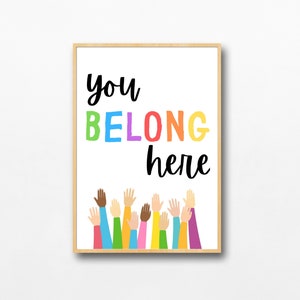 Póster "You Belong Here" / Arte mural de diversidad del arcoíris / Póster para sala de juegos, aula y niñera / Descarga
