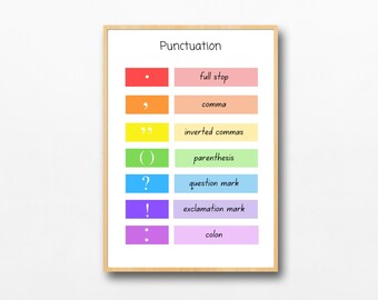 May include: A colorful chart with the word "Punctuation" at the top. Each row features a punctuation mark and its name, such as "full stop", "comma", "inverted commas", "parenthesis", "question mark", "exclamation mark", and "colon".