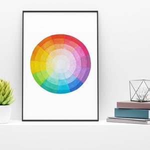 May include: A framed print of a watercolor color wheel with a white background. The color wheel is a circle with a white center and is divided into 12 sections, each a different color of the rainbow.