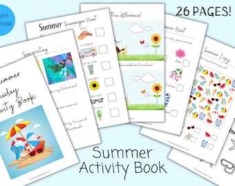 May include: A colorful printable activity book for kids featuring summer themes like sun printing, scavenger hunts, and I-spy games. The book has 26 pages and includes activities like finding differences between pictures, identifying flowers, and counting objects.