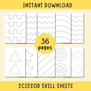 Puede incluir: Un conjunto de hojas de habilidades con tijeras imprimibles con varios patrones de líneas punteadas para practicar el corte. Las hojas incluyen formas, zigzags y líneas curvas. Se muestra el texto "INSTANT DOWNLOAD" y "SCISSOR SKILL SHEETS". Un círculo amarillo indica "36 páginas".