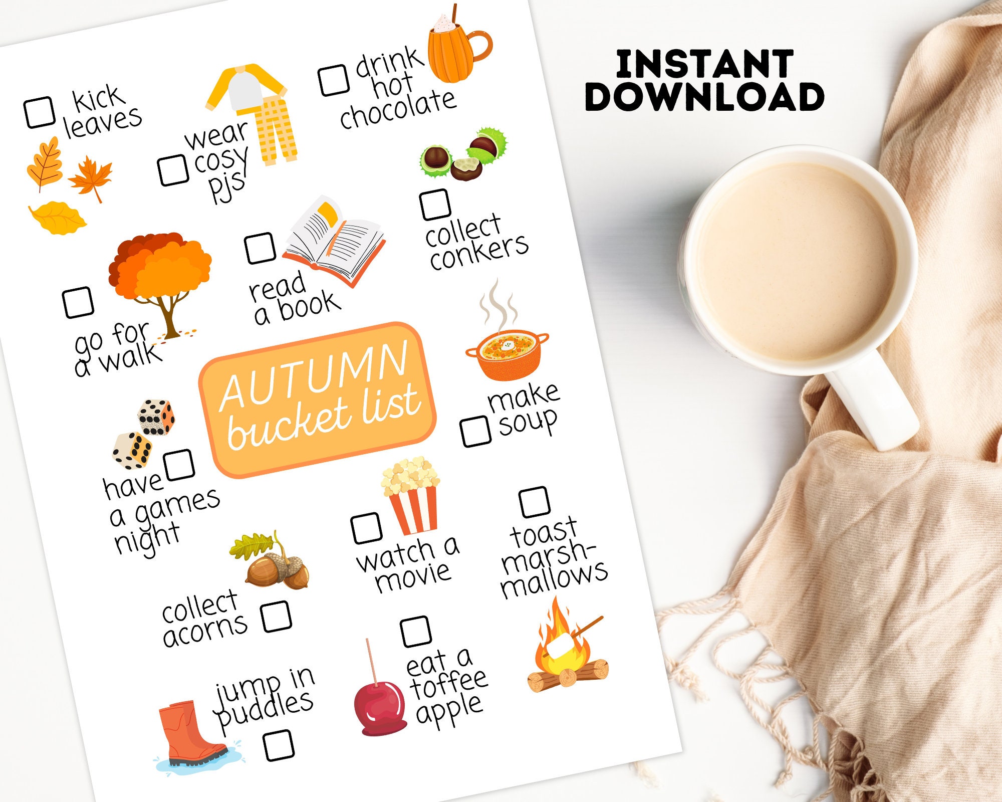 Autumn Bucket List | Printable Family Bucket List for Autumn | Instant Digital Download