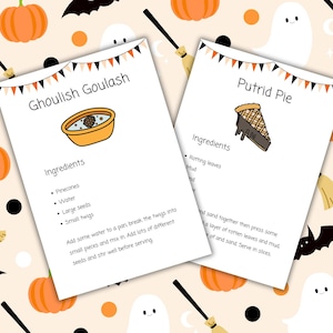 May include: Two Halloween-themed recipe cards, "Ghoulish Goulash" and "Putrid Pie", with illustrations of a bowl and a slice of pie. The cards are decorated with pumpkins, bats, ghosts, and witch's brooms on a cream background.