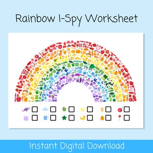 May include: A rainbow-colored I-Spy worksheet with a rainbow made of various colorful objects. The worksheet has a section with boxes to check off objects found in the rainbow.