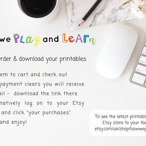 May include: A white computer mouse and keyboard on a white surface with a text overlay that reads "how we Play and Learn" and instructions on how to order and download printables. The text also includes the Etsy shop name "howweplayandlearn".