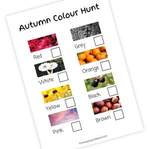 May include: A white paper titled "Autumn Colour Hunt" with color blocks for red, grey, white, orange, yellow, black, pink, and brown. Each color block has a corresponding image and a check box.