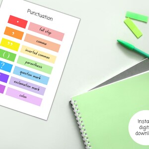 May include: A printable worksheet with a rainbow color scheme, listing different punctuation marks and their names. The text "Punctuation" is at the top of the page. The worksheet is on a white surface with a green notebook and two green sticky notes.