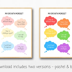 May include: Two printable posters with the title "My Growth Mindset" in bold black text. Each poster features six colourful thought bubbles with positive affirmations about growth mindset. The posters are in pastel and bold colour schemes.