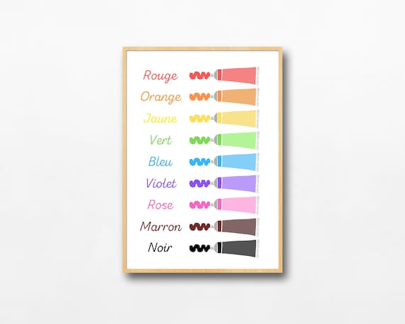 French Colour Poster | Downloadable Couleurs en Francais | Standard and Cursive Versions