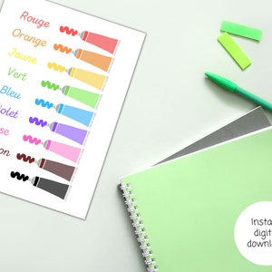 Puede incluir: Una hoja de trabajo imprimible con las palabras francesas para los colores, 'Rouge', 'Orange', 'Jaune', 'Vert', 'Bleu', 'Violet', 'Rose', 'Marron' y 'Noir', con un tubo de pintura de cada color al lado de la palabra.