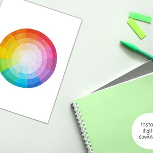 May include: A watercolor painting of a color wheel with 12 colors. The colors are arranged in a circle, with the primary colors (red, yellow, and blue) at the top, and the secondary colors (orange, green, and purple) in between. The tertiary colors are arranged in between the primary and secondary colors.