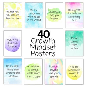 Peut inclure: 40 affiches aquarelle color&eacute;es avec des affirmations positives sur l'&eacute;tat d'esprit de croissance. Les affiches pr&eacute;sentent des phrases comme "Ce n'est pas comment vous regardez, c'est comment vous voyez", "Soyez le changement que vous voulez voir dans le monde", "Les d&eacute;fis vous aident &agrave; grandir", "Quand il fait noir, cherchez les &eacute;toiles", "La paix vient de l'int&eacute;rieur", "Faites la bonne chose m&ecirc;me quand personne ne regarde", "Un original vaut toujours plus qu'une copie", "Ne laissez personne ternir votre &eacute;clat", et "Vous &ecirc;tes la raison de sourire de quelqu'un".