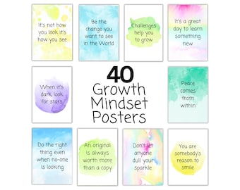 40 Growth Mindset Posters: Mindful Quotes with Watercolour Backgrounds (Digital Download)