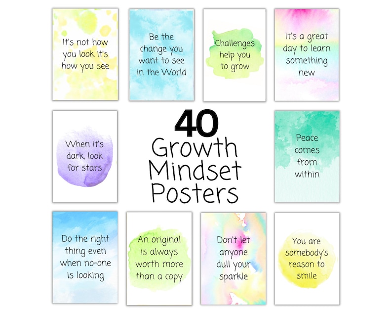 Peut inclure: 40 affiches aquarelle color&eacute;es avec des affirmations positives sur l'&eacute;tat d'esprit de croissance. Les affiches pr&eacute;sentent des phrases comme "Ce n'est pas comment vous regardez, c'est comment vous voyez", "Soyez le changement que vous voulez voir dans le monde", "Les d&eacute;fis vous aident &agrave; grandir", "Quand il fait noir, cherchez les &eacute;toiles", "La paix vient de l'int&eacute;rieur", "Faites la bonne chose m&ecirc;me quand personne ne regarde", "Un original vaut toujours plus qu'une copie", "Ne laissez personne ternir votre &eacute;clat", et "Vous &ecirc;tes la raison de sourire de quelqu'un".