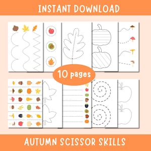 Puede incluir: Un conjunto de diez páginas imprimibles con temática otoñal para practicar con tijeras. Las páginas presentan líneas punteadas para practicar el corte, junto con ilustraciones de hojas, calabazas, manzanas y otros elementos de otoño. El texto incluye "INSTANT DOWNLOAD" y "AUTUMN SCISSOR SKILLS."