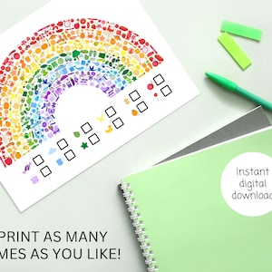 May include: A printable rainbow-colored I Spy activity sheet with a rainbow made of small colorful images. The sheet has a checklist with blank boxes for counting the images.