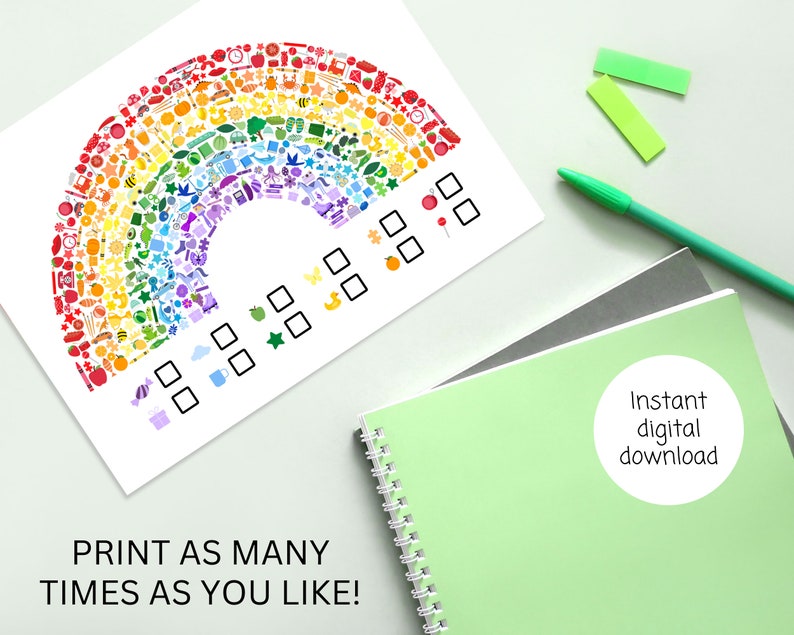 May include: A printable rainbow-colored I Spy activity sheet with a rainbow made of small colorful images. The sheet has a checklist with blank boxes for counting the images.