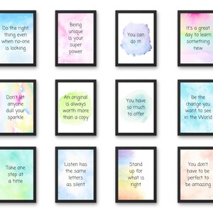 Peut inclure: Douze impressions d'art mural imprimables peintes &agrave; l'aquarelle avec des citations inspirantes. Les impressions pr&eacute;sentent une vari&eacute;t&eacute; de couleurs, notamment le rose, le bleu, le vert et le jaune. Les citations sont toutes positives et encourageantes, et elles seraient un excellent ajout &agrave; toute maison ou tout bureau.
