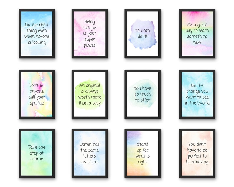Peut inclure: Douze impressions d'art mural imprimables peintes &agrave; l'aquarelle avec des citations inspirantes. Les impressions pr&eacute;sentent une vari&eacute;t&eacute; de couleurs, notamment le rose, le bleu, le vert et le jaune. Les citations sont toutes positives et encourageantes, et elles seraient un excellent ajout &agrave; toute maison ou tout bureau.