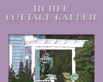 May include: A book cover with a purple background and the title "In Her Cottage Garden" in white text. The cover features a painting of a white porch with a hanging basket of flowers and a rocking chair. The author's name, "T. Magnolia", is written in white text below the painting.