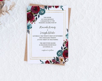 Burgundy and Gold Floral Wedding Invitation Set; DIY Boho Wedding Invitation Suite; Printable Wedding Invite; A15