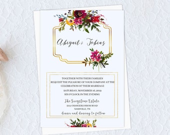 Gold Frame Floral Wedding Invitation Set Editable Rustic Wedding Invite Instant Download Printable DIY Invitation Template A2