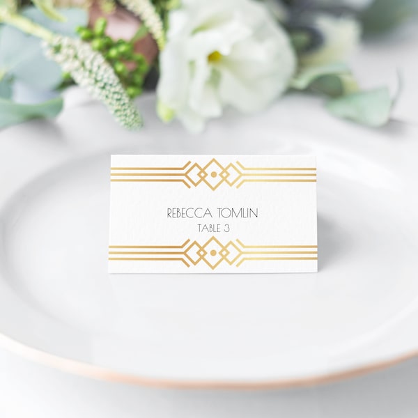 Art Deco Gold Wedding Place Cards; Gold Flat and Folded Place Card for Reception or Party; DIY Printable Place Card Template A20