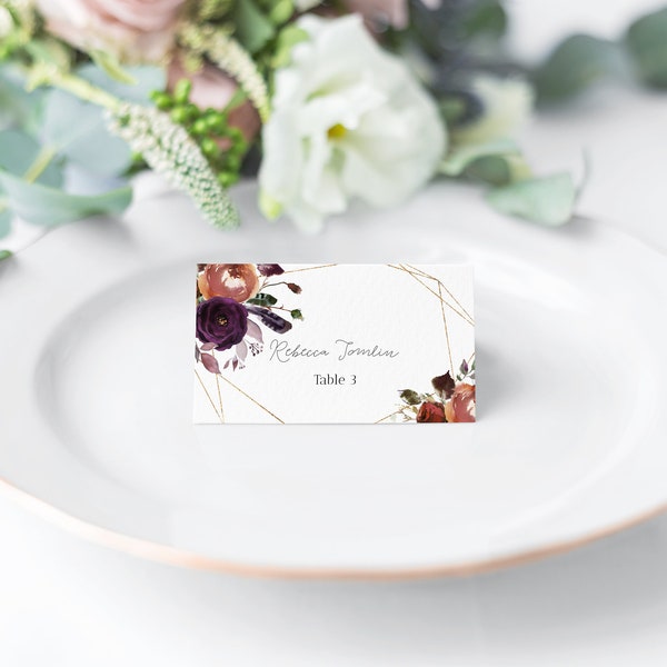 Rustic Plum with Geometric Frame Place Cards; Dusky Rose & Plum Flat and Folded Place Card for Wedding Reception; DIY Printable Template A11