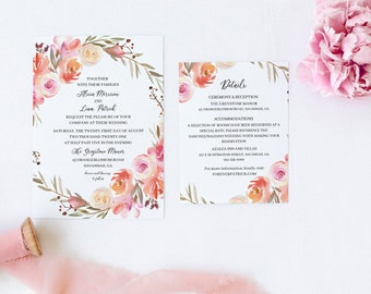 Blush and Peach Floral Wedding Invitation Set; Blush and Peach Floral Wreath Invitation; DIY Editable Wedding Invite Printable Template A41