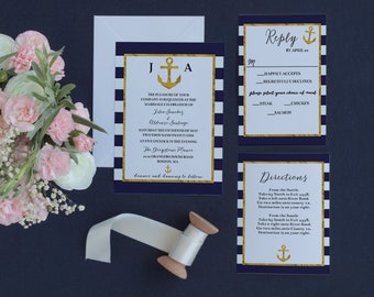 Navy and White Nautical Wedding Invitation Set; Gold Anchor Wedding Invite; DIY Editable Wedding Invite, Printable Template A33