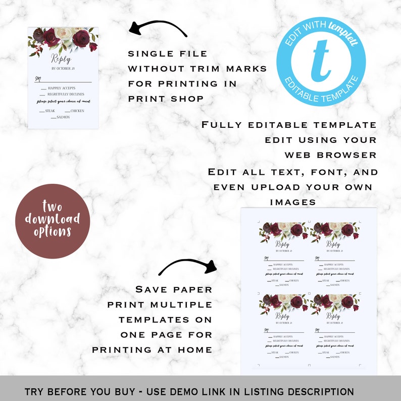 Burgundy And Cream Wedding Invitation Set Diy Editable Invitation Instant Download Printable Template 8 Weddings Templates Valresa Com