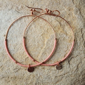 Coral Pink and Rose Gold Beaded Hoop Earrings, Beaded Hoop Earrings, Copper hoop earrings, Boho Hoop Earrings, Dainty Hoop Earrings