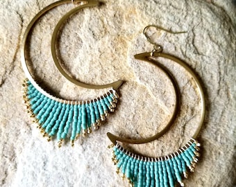 Turquoise and Gold Brass Moon Handmade Beaded Fringe Earrings