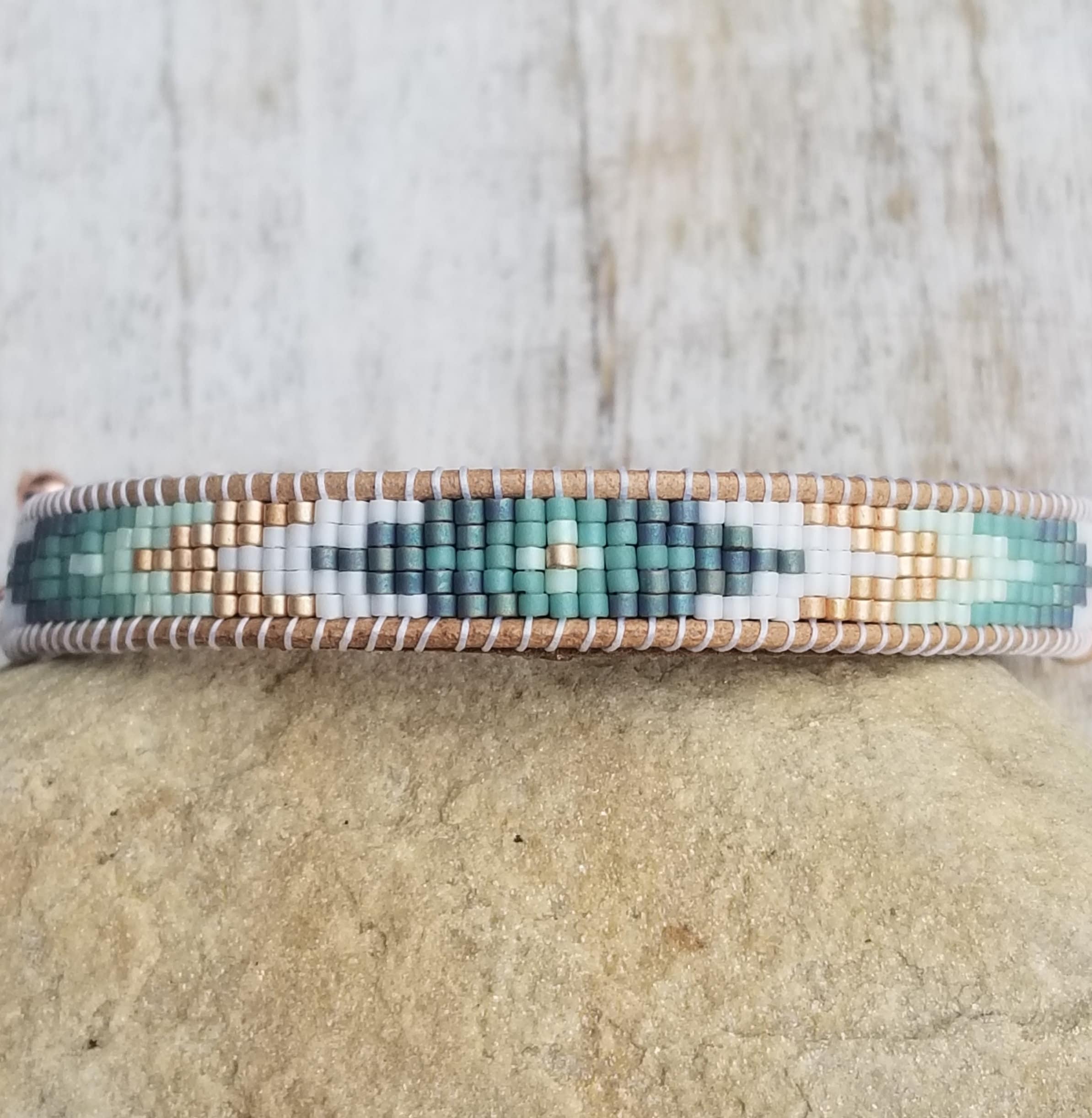 Genuine Amazonite Native American Handwoven Beaded Bracelet with adjustable enclosure