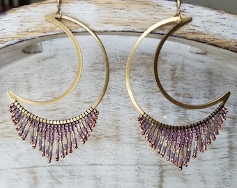 Handmade Moon Beaded Fringe Earrings