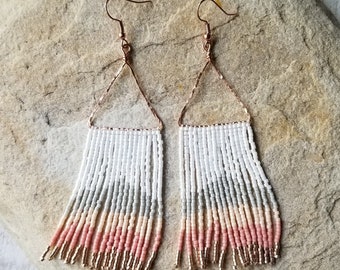 Hammered Copper Triangle Beaded Fringe Handmade Earrings