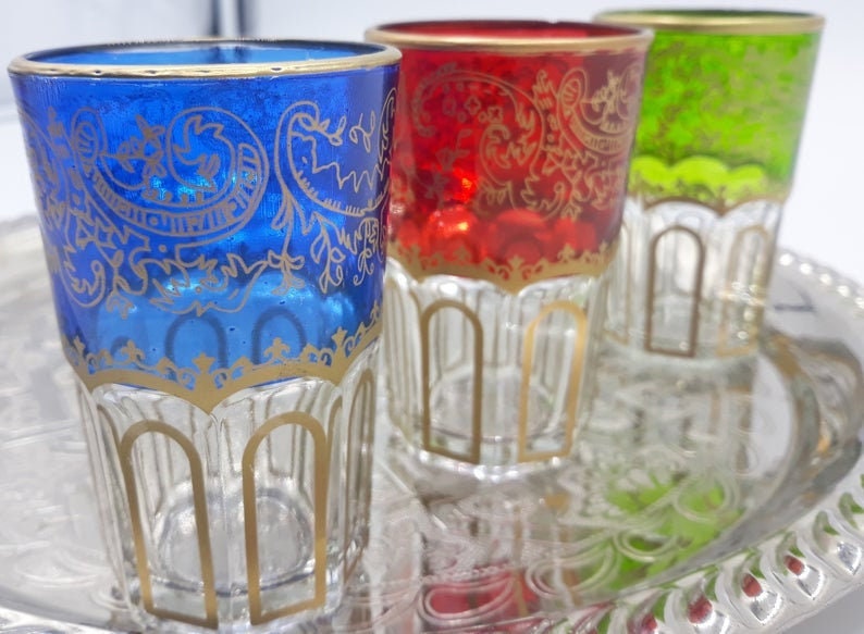 Moroccan Tea Glasses, Oriental Handpainted Set Of Six Moroccan Glasses